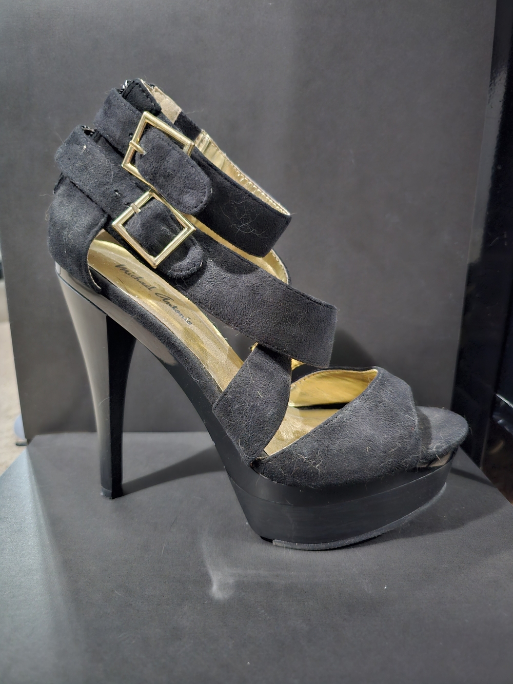 Michael Antonio Black Suede Strappy Platform Sandals with Gold Buckles